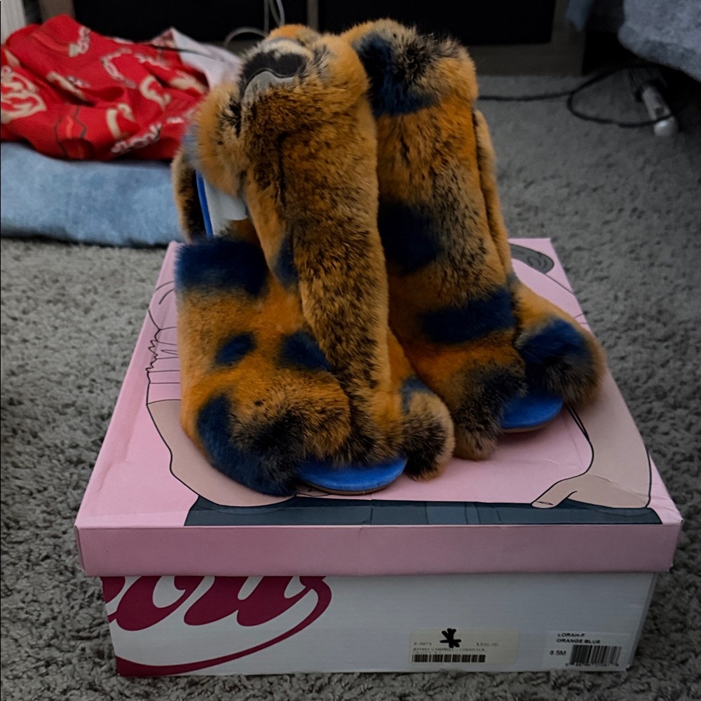 Jeffrey Campbell Blue and Orange Fur Sandals